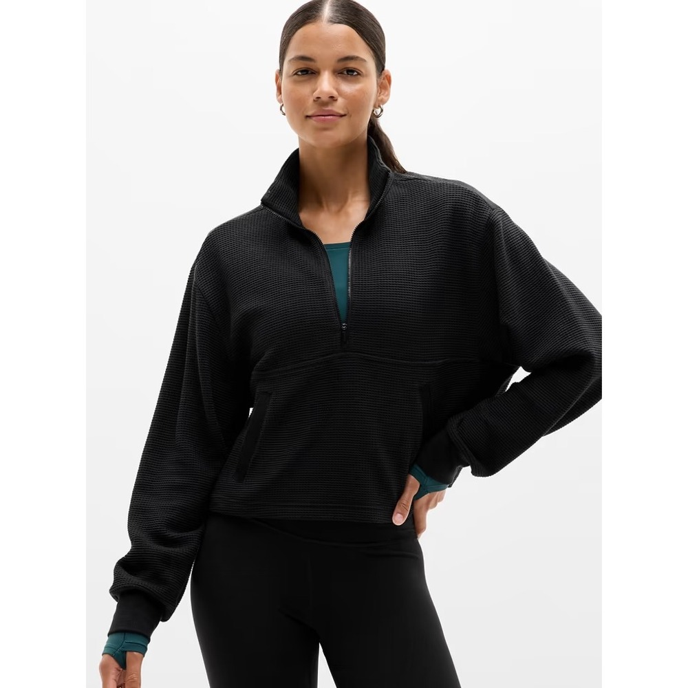 Athleta Tranquil Waffle‎ 1/2 Zip Sweatshirt Cropped Pullover Black Size L